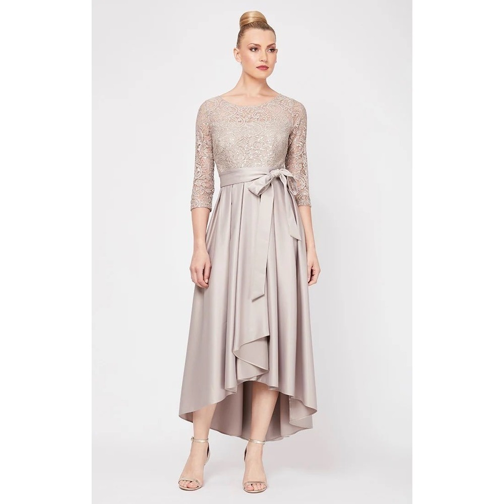 Alex Evenings Sequin Lace Party Dress with Satin Skirt & Ribbon Belt Size 12